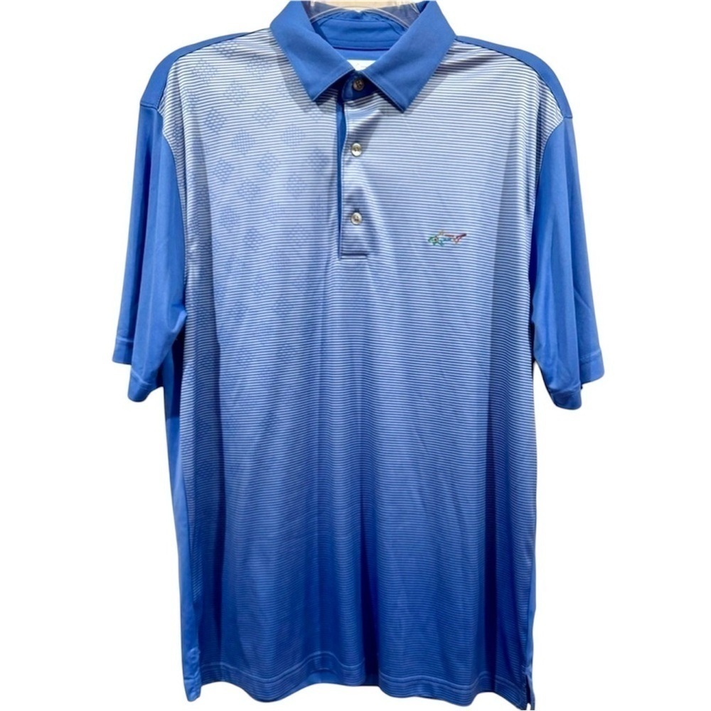 Greg Norman Shark Polo Mens Medium Blue Striped Performance Golf Shirt Play Dry